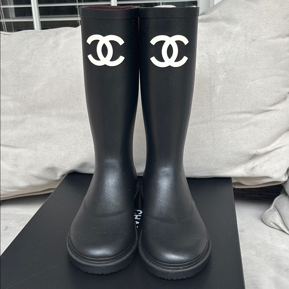 CHANEL Black Boots with White Logo